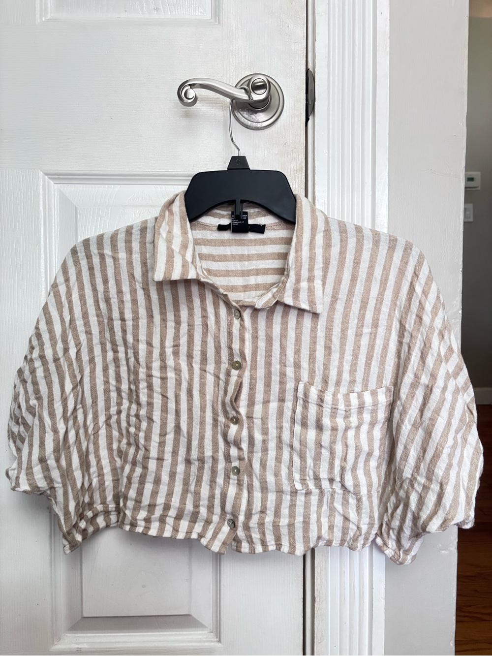 Striped Button Up Cropped Shirt - Beige & White